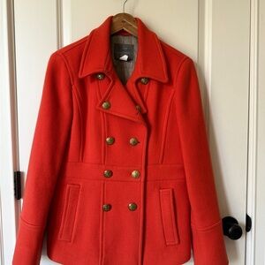 J. Crew Women's Vibrant Orange Pea Coat with Gold Buttons